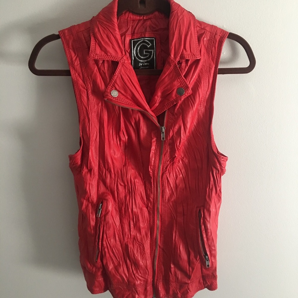 Red crimped leather GUESS vest.